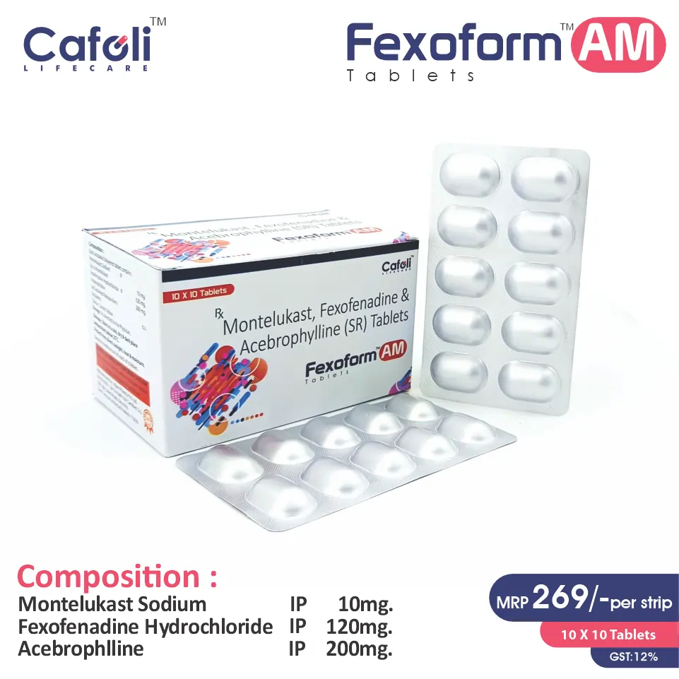 Montelukast + Fexofenadine + Acebrophylline Tablet at the best price in PCD Pharma Franchise for Allergic Rhinitis and Asthma Management.